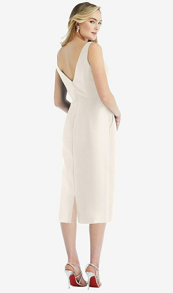 Back View - Ivory Sleeveless Bow-Waist Pleated Satin Pencil Dress with Pockets