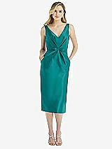 Front View Thumbnail - Jade Sleeveless Bow-Waist Pleated Satin Pencil Dress with Pockets
