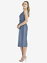 Side View Thumbnail - Larkspur Blue Sleeveless Bow-Waist Pleated Satin Pencil Dress with Pockets