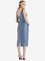 Rear View Thumbnail - Larkspur Blue Sleeveless Bow-Waist Pleated Satin Pencil Dress with Pockets