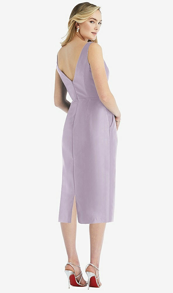 Back View - Lilac Haze Sleeveless Bow-Waist Pleated Satin Pencil Dress with Pockets