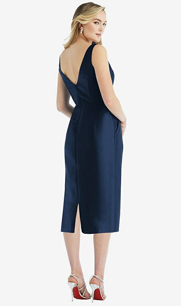 Back View - Midnight Navy Sleeveless Bow-Waist Pleated Satin Pencil Dress with Pockets