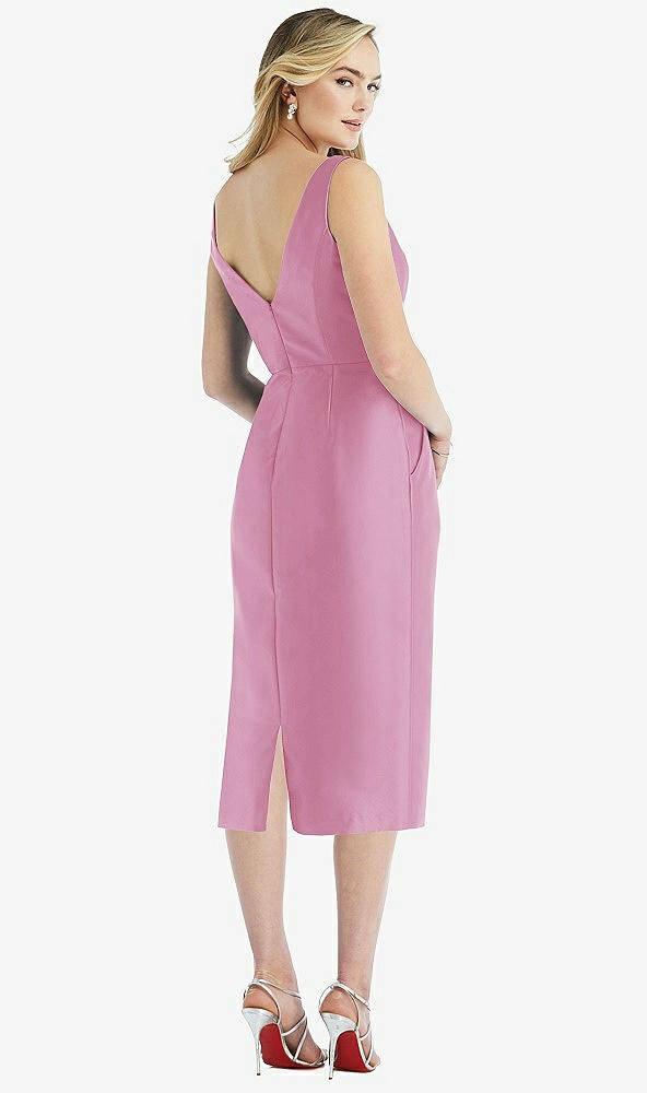 Back View - Powder Pink Sleeveless Bow-Waist Pleated Satin Pencil Dress with Pockets