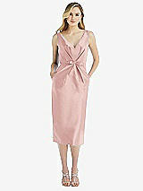 Front View Thumbnail - Rose Sleeveless Bow-Waist Pleated Satin Pencil Dress with Pockets