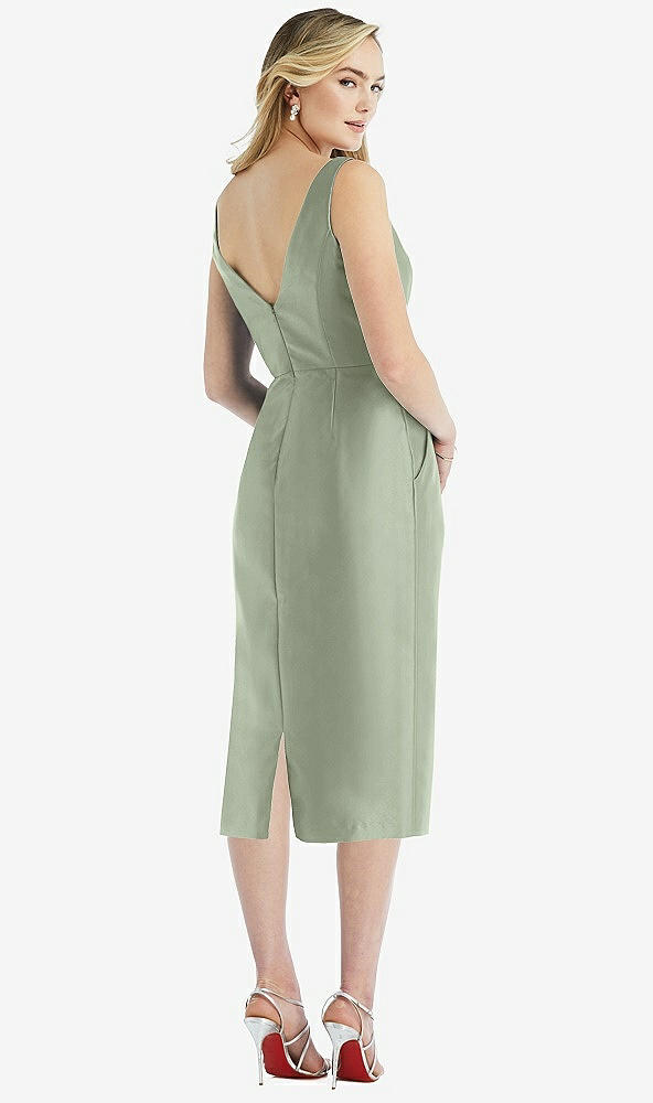 Back View - Sage Sleeveless Bow-Waist Pleated Satin Pencil Dress with Pockets