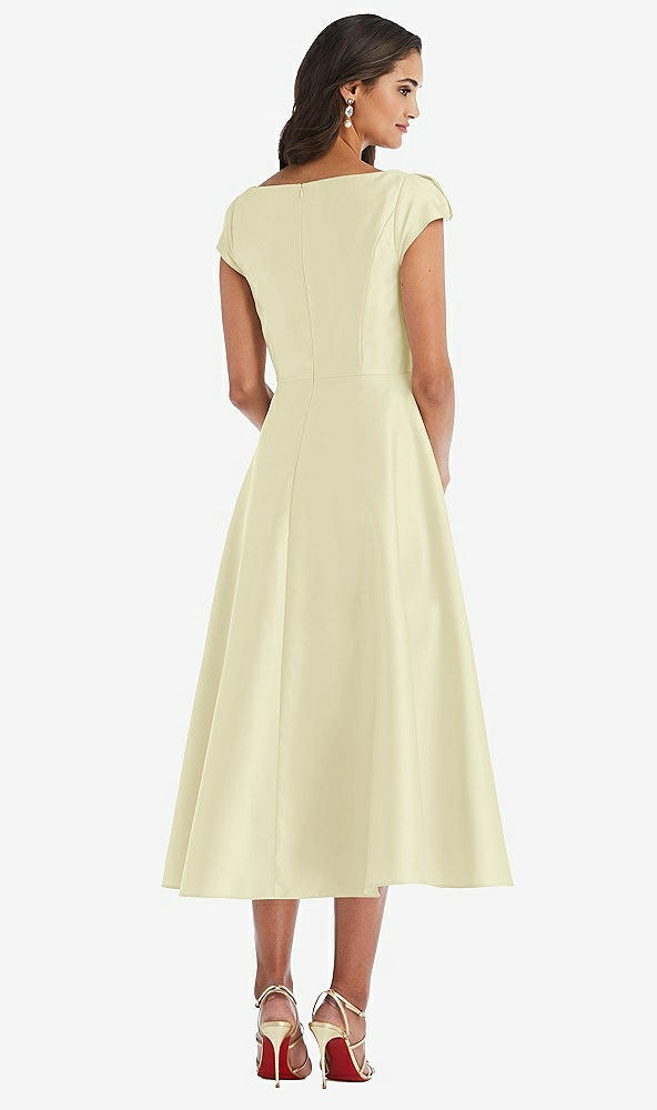 Back View - Butter Yellow Puff Cap Sleeve Full Skirt Satin Midi Dress