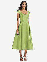 Front View Thumbnail - Mojito Puff Cap Sleeve Full Skirt Satin Midi Dress