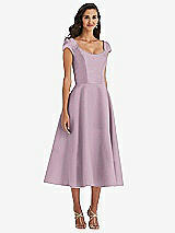 Front View Thumbnail - Suede Rose Puff Cap Sleeve Full Skirt Satin Midi Dress