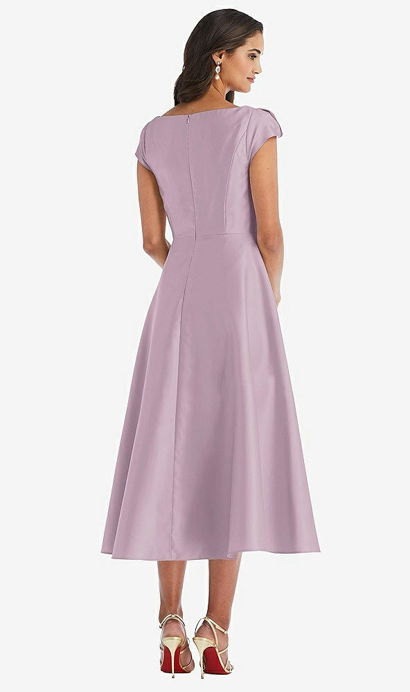 Back View - Suede Rose Puff Cap Sleeve Full Skirt Satin Midi Dress