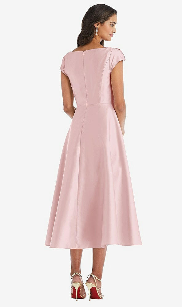 Back View - Ballet Pink Puff Cap Sleeve Full Skirt Satin Midi Dress