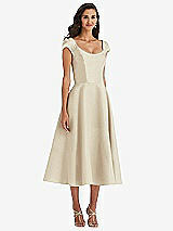 Front View Thumbnail - Champagne Puff Cap Sleeve Full Skirt Satin Midi Dress