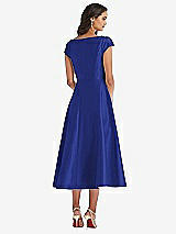 Rear View Thumbnail - Cobalt Blue Puff Cap Sleeve Full Skirt Satin Midi Dress
