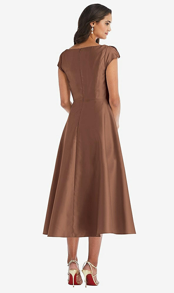 Back View - Cognac Puff Cap Sleeve Full Skirt Satin Midi Dress