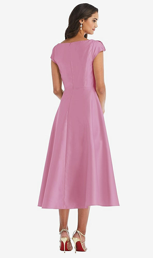 Back View - Powder Pink Puff Cap Sleeve Full Skirt Satin Midi Dress