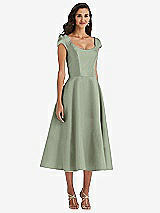 Front View Thumbnail - Sage Puff Cap Sleeve Full Skirt Satin Midi Dress