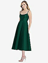 Side View Thumbnail - Hunter Green Spaghetti Strap Full Skirt Satin Midi Dress