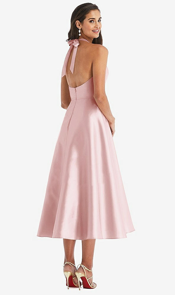 Back View - Ballet Pink Tie-Neck Halter Full Skirt Satin Midi Dress