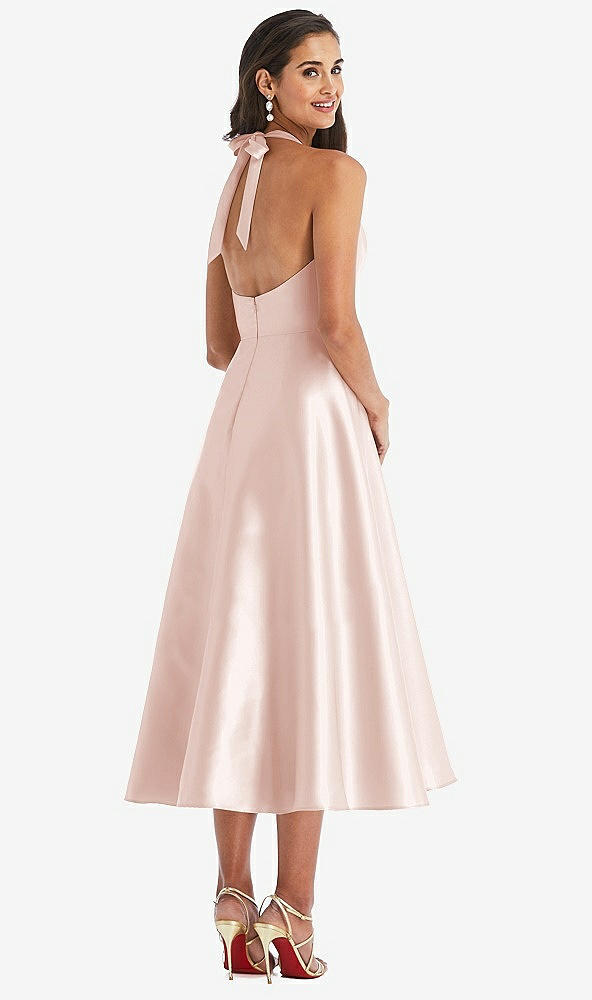 Back View - Blush Tie-Neck Halter Full Skirt Satin Midi Dress