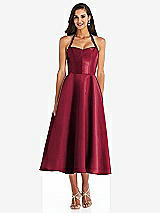 Front View Thumbnail - Burgundy Tie-Neck Halter Full Skirt Satin Midi Dress