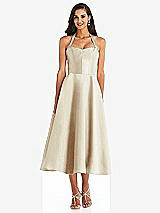 Front View Thumbnail - Champagne Tie-Neck Halter Full Skirt Satin Midi Dress