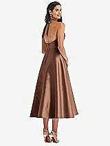 Rear View Thumbnail - Cognac Tie-Neck Halter Full Skirt Satin Midi Dress