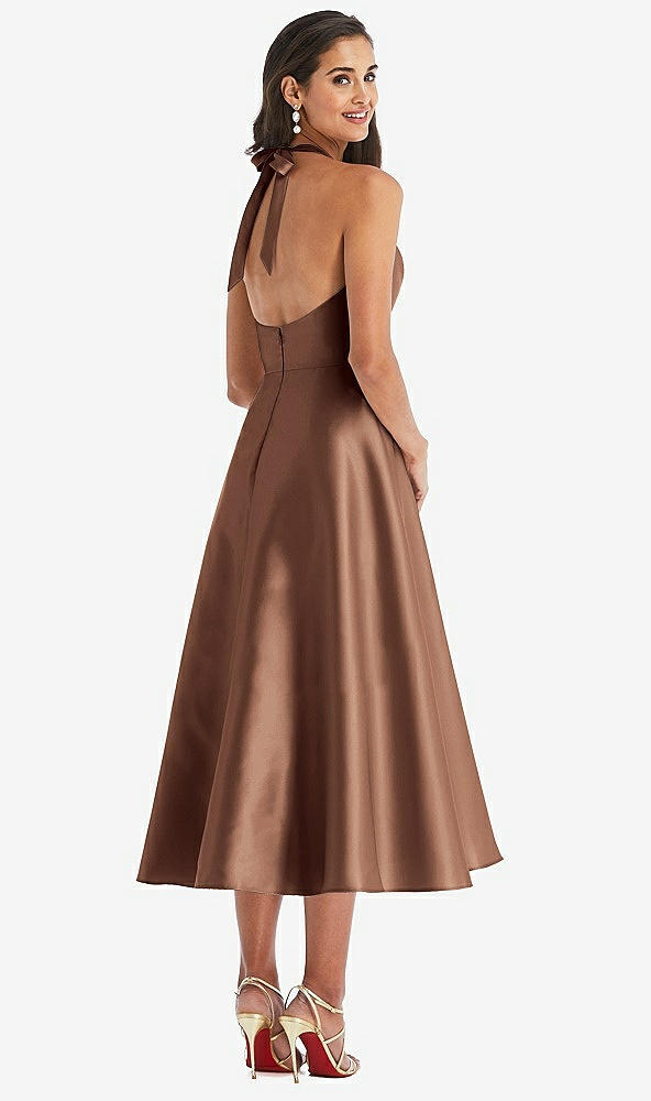 Back View - Cognac Tie-Neck Halter Full Skirt Satin Midi Dress