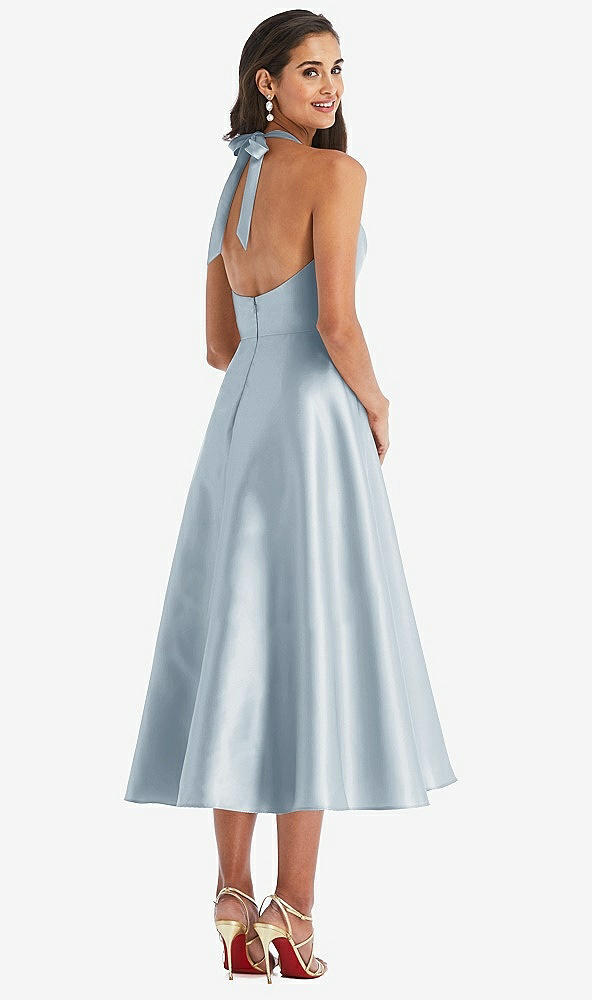 Back View - Mist Tie-Neck Halter Full Skirt Satin Midi Dress