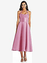 Front View Thumbnail - Powder Pink Tie-Neck Halter Full Skirt Satin Midi Dress