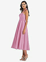 Side View Thumbnail - Powder Pink Tie-Neck Halter Full Skirt Satin Midi Dress