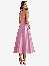 Rear View Thumbnail - Powder Pink Tie-Neck Halter Full Skirt Satin Midi Dress
