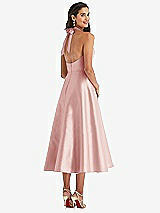 Rear View Thumbnail - Rose Tie-Neck Halter Full Skirt Satin Midi Dress