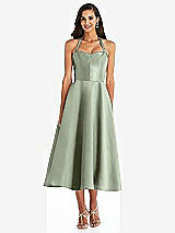 Front View Thumbnail - Sage Tie-Neck Halter Full Skirt Satin Midi Dress