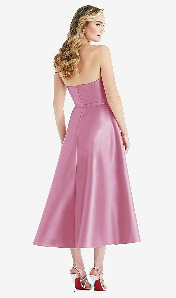 Back View - Powder Pink Strapless Bow-Waist Full Skirt Satin Midi Dress