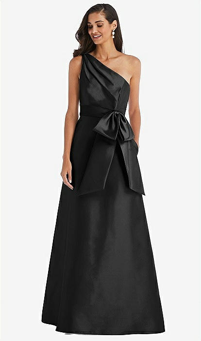 One-shoulder Bow-waist Maxi Bridesmaid Dress With Pockets In Black & Black  | The Dessy Group