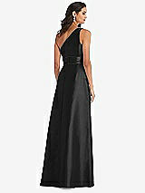 Rear View Thumbnail - Black & Black One-Shoulder Bow-Waist Maxi Dress with Pockets
