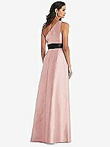 Rear View Thumbnail - Rose & Black One-Shoulder Bow-Waist Maxi Dress with Pockets