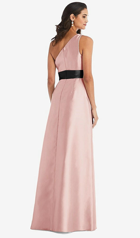 Back View - Rose & Black One-Shoulder Bow-Waist Maxi Dress with Pockets