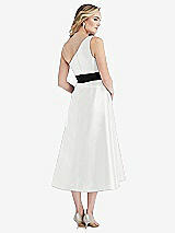 Rear View Thumbnail - White & Black One-Shoulder Bow-Waist Midi Dress with Pockets