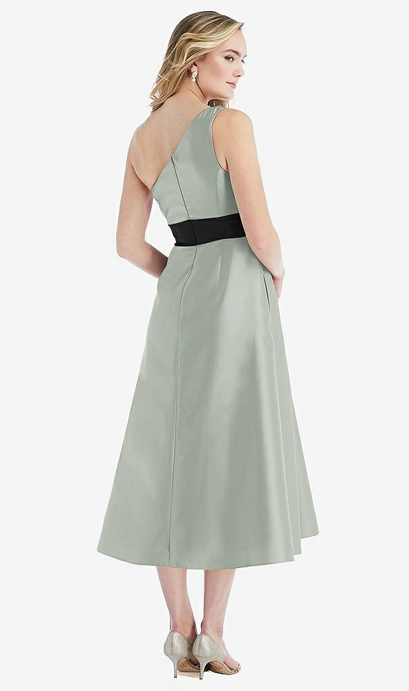 Back View - Willow Green & Black One-Shoulder Bow-Waist Midi Dress with Pockets