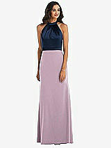 Alt View 1 Thumbnail - Suede Rose & Midnight Navy High-Neck Open-Back Maxi Dress with Scarf Tie
