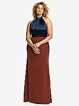 Front View Thumbnail - Auburn Moon & Midnight Navy High-Neck Open-Back Maxi Dress with Scarf Tie