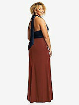 Rear View Thumbnail - Auburn Moon & Midnight Navy High-Neck Open-Back Maxi Dress with Scarf Tie