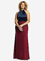 Front View Thumbnail - Burgundy & Midnight Navy High-Neck Open-Back Maxi Dress with Scarf Tie