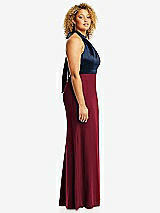 Side View Thumbnail - Burgundy & Midnight Navy High-Neck Open-Back Maxi Dress with Scarf Tie