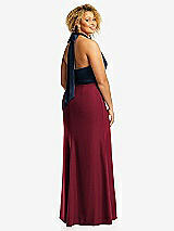 Rear View Thumbnail - Burgundy & Midnight Navy High-Neck Open-Back Maxi Dress with Scarf Tie
