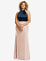 Front View Thumbnail - Cameo & Midnight Navy High-Neck Open-Back Maxi Dress with Scarf Tie