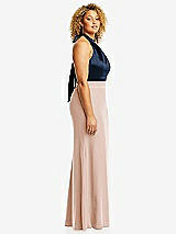 Side View Thumbnail - Cameo & Midnight Navy High-Neck Open-Back Maxi Dress with Scarf Tie