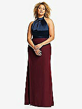 Front View Thumbnail - Cabernet & Midnight Navy High-Neck Open-Back Maxi Dress with Scarf Tie
