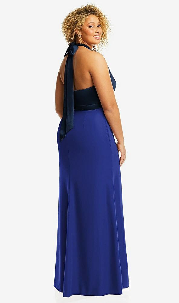 Back View - Cobalt Blue & Midnight Navy High-Neck Open-Back Maxi Dress with Scarf Tie