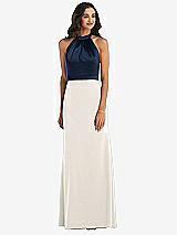 Alt View 1 Thumbnail - Ivory & Midnight Navy High-Neck Open-Back Maxi Dress with Scarf Tie